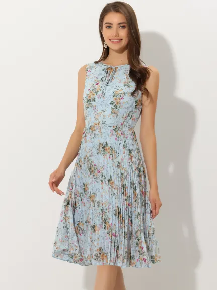 Allegra K- Floral Print Knee Length Sleeveless Pleated Dress