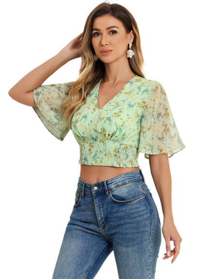 Allegra K - Floral V Neck Smocked Crop Top