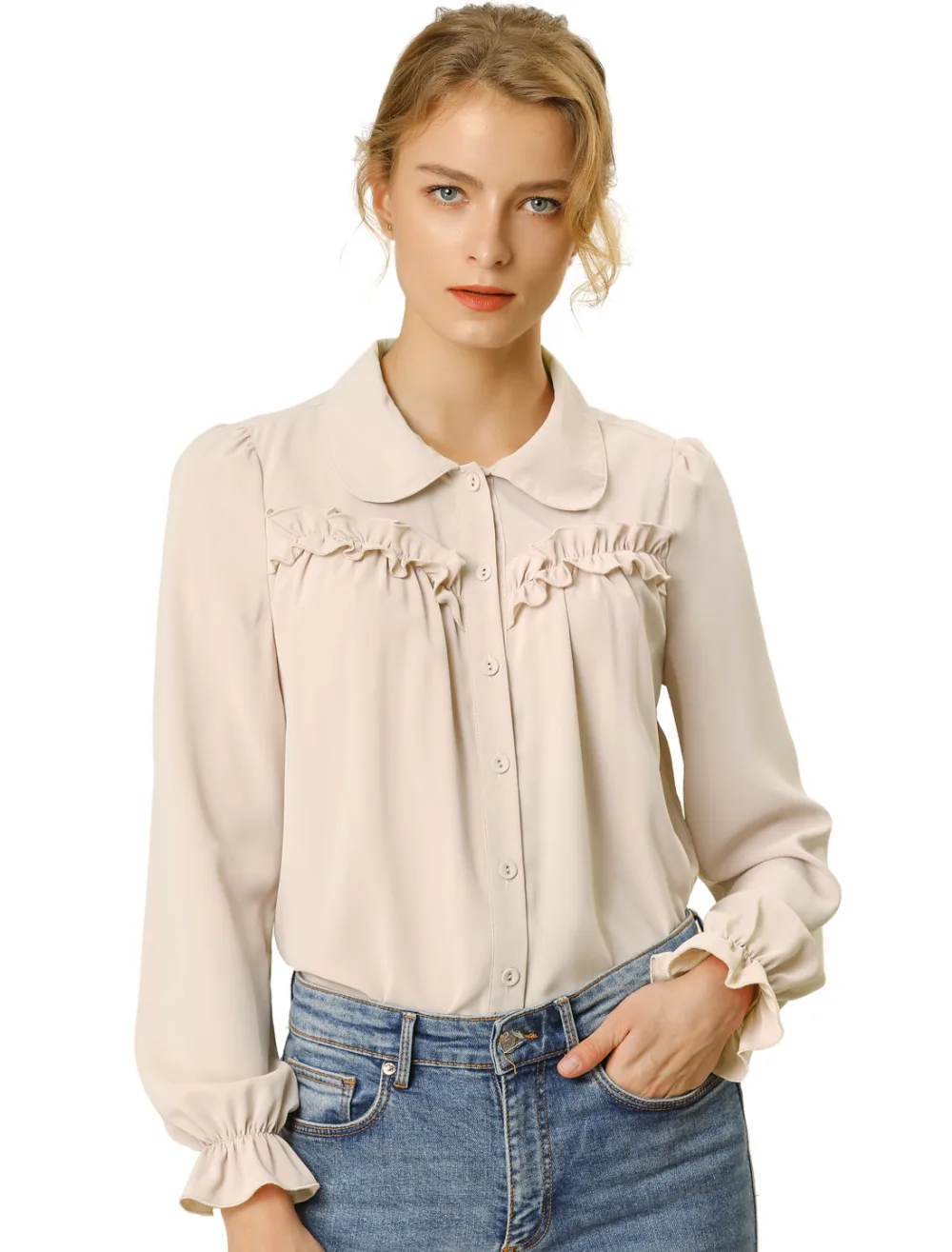 Allegra K- Ruffle Peter Pan Collar Shirt