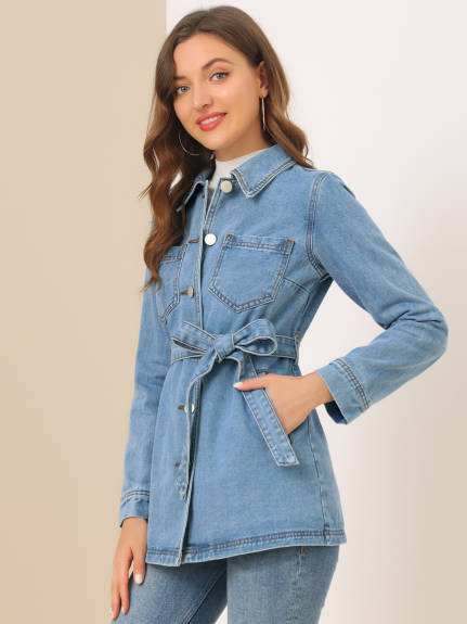 Allegra K- Raglan Sleeves Tie Belt Waist Denim Jacket