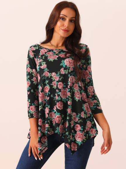 Allegra K - Floral 3/4 Sleeve Asymmetrical Tunic Top