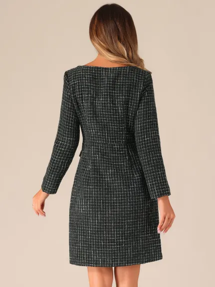 Allegra K - Robe à manches longues à encolure carrée en tweed à carreaux