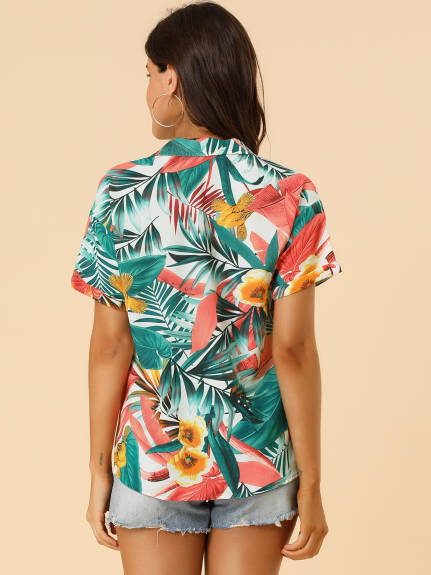 Allegra K- Beach Tropical Floral Leaves Button Down Shirts