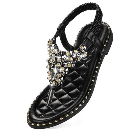 Allegra K - Rhinestone T-Strap Boho Dressy Flat Sandals