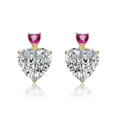 Genevive Sterling Silver 14k Gold Plated with Colored Cubic Zirconia Two-Stone Heart Dangle Earrings