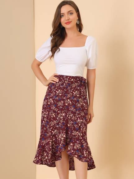 Allegra K- Tie Ruffle Split Midi Floral Wrap Skirt