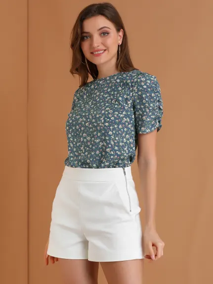 Allegra K- Floral Crew Neck Shirred Short Sleeve Blouse