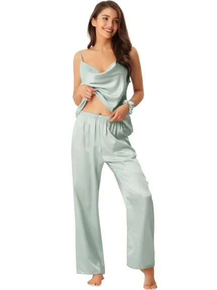 cheibear - Cowl Neck Cami Top with Pants Satin PJs Set