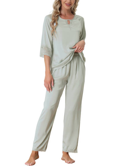 cheibear - Lace 3/4 Sleeves Lounge with Pants Pajama Set