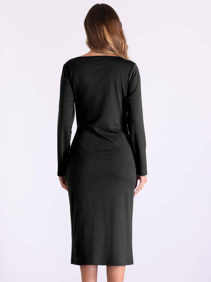 Allegra K - Long Sleeve Wrap Ruched Church Dress