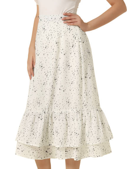 Allegra K- Printed Chiffon Ruffle Tiered Zipper Midi Skirt