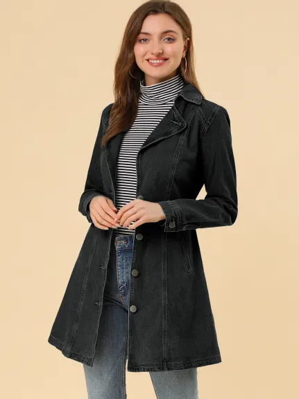 Allegra K- Notched Lapel Button Belted Long Denim Jacket