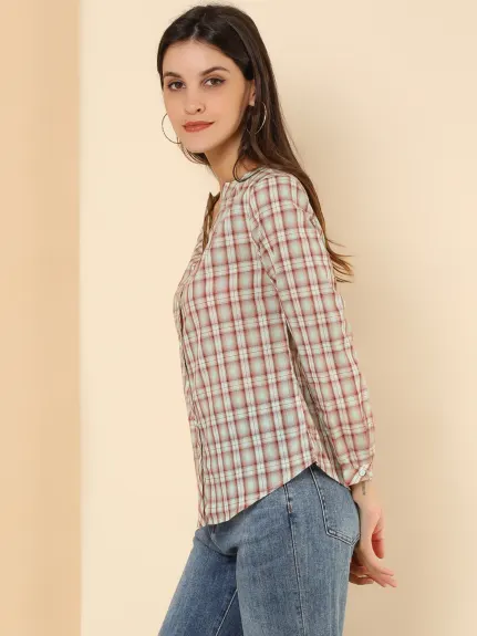 Allegra K- Plaid V Neck Long Sleeve Blouse Shirt