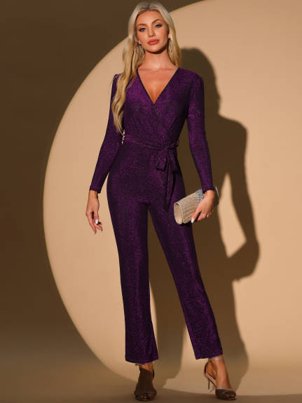 Allegra K - V-Neck Long Sleeve Belted Jumpsuit