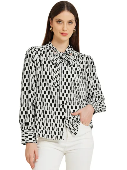 Allegra K- Print Tie Neck Lantern Long Sleeve Blouse