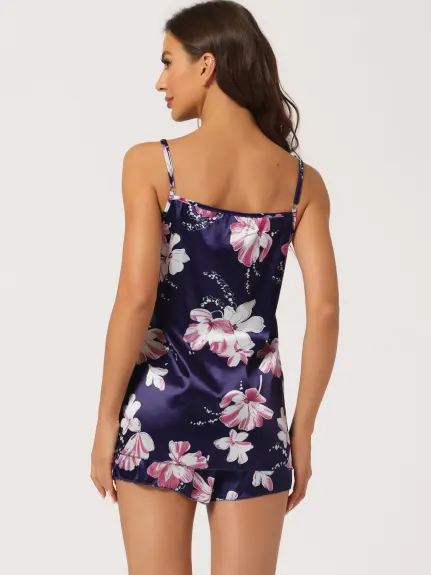 cheibear - Satin Pajama Summer Floral Camisole with Shorts