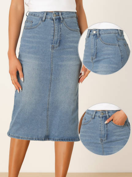 Allegra K- High Waist Split Back Denim Midi Skirt