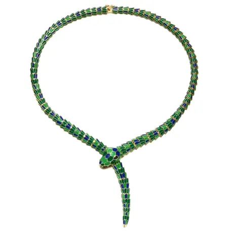 Rachel Glauber 14k plaqué or jaune avec zircone cubique émeraude bleu et vert émail serpent enroulé collier rigide serpent