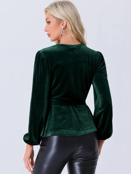 Allegra K - Velvet Wrap Tie Waist Peplum Blouse