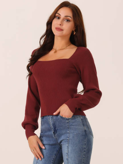 Allegra K- Bishop Sleeve Square Neck Ribbed Knit Crop Sweater Top