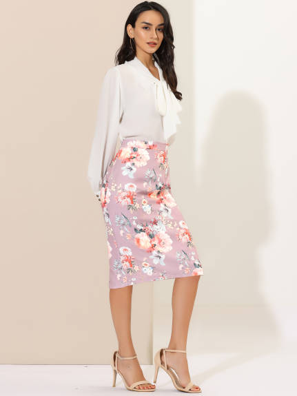 Allegra K- Back Slit Floral Knee Length Pencil Skirt