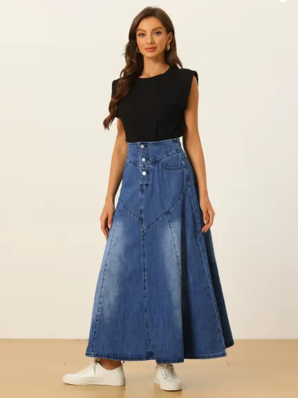 Allegra K- High Waisted A-Line Flared Maxi Denim Skirt