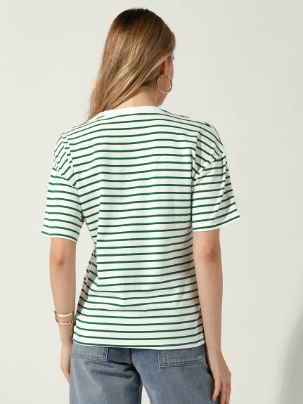 Allegra K - Striped Crewneck Short Sleeve Casual Top