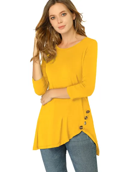 Allegra K- 3/4 Sleeve Tunic Asymmetry Button Top