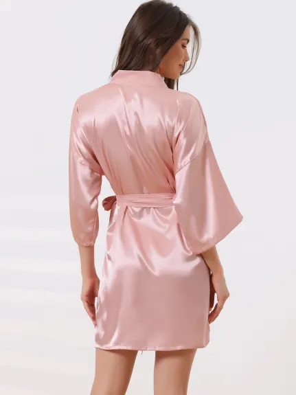 cheibear - 3/4 Sleeves Tie Waist Satin  Night Robe