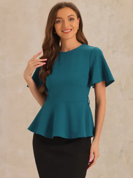 Allegra K - Bell Sleeve Belted Waist Peplum Top