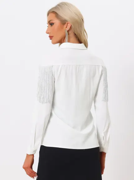 Allegra K - Long Sleeve Fringe Party Shirt