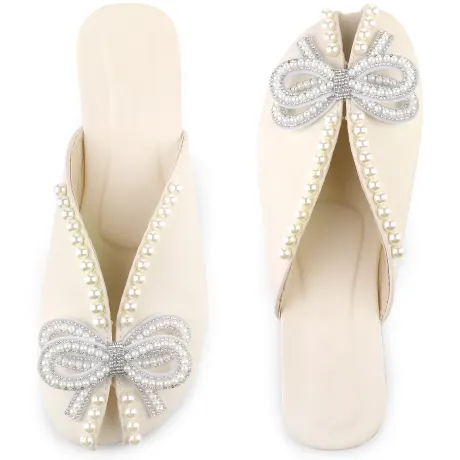 Allegra K - Floral Print Peep Toe Slip-on Pearl Flat Slides