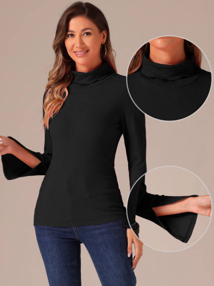 Allegra K - Turtleneck Split Long Sleeves Knit Top