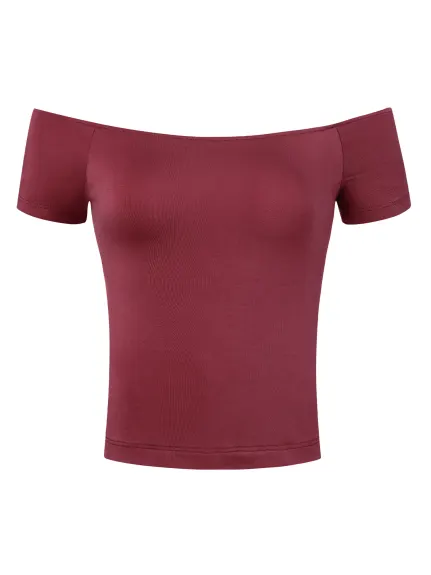 Allegra K- Off Shoulder Solid Slim Fit Tees