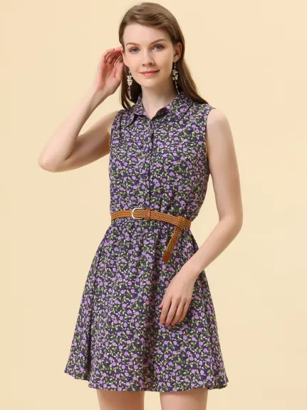 Allegra K- Printed Half Placket Sleeveless Belted Dress