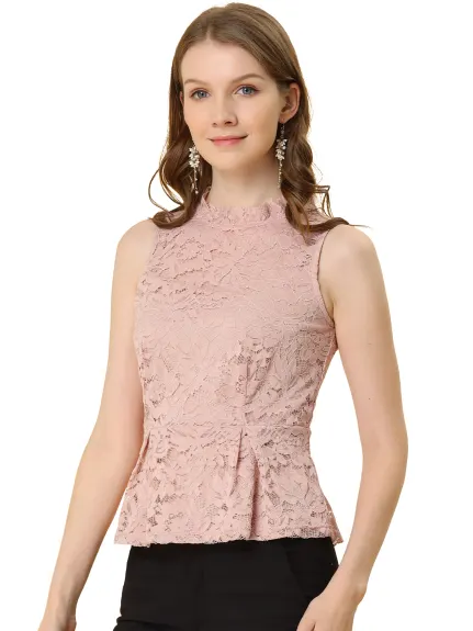 Allegra K- Ruffle Neck Sleeveless Floral Lace Peplum Top