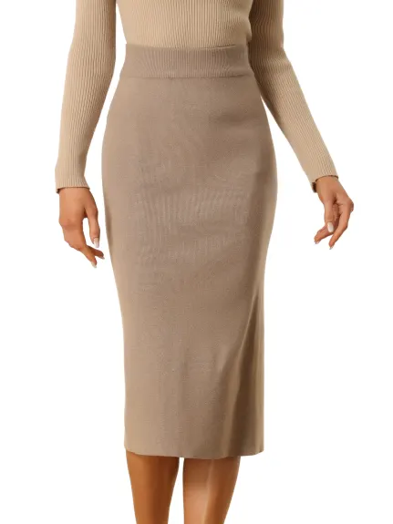 Allegra K - Stretchy Rib Knit Slit Pencil Skirt