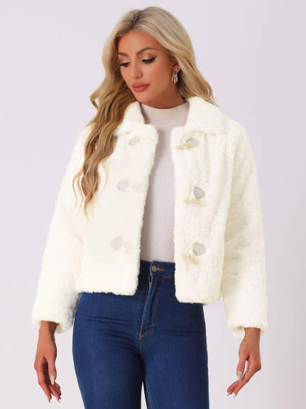 Allegra K - Faux Fur Collar Cropped Fluffy Coat