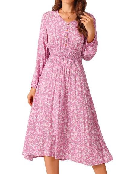 INSPIRE CHIC - Floral V-Neck Long Sleeve Midi Dress