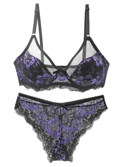 Allegra K- Women's Floral Lace 2-Hook Bra and Panty Set