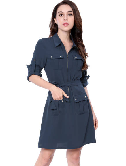 Allegra K- Roll-Up Sleeve Multi-Pocket Belted Shirt Dress