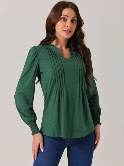 Allegra K - V Neck Long Sleeve Pleated Tunic Blouse