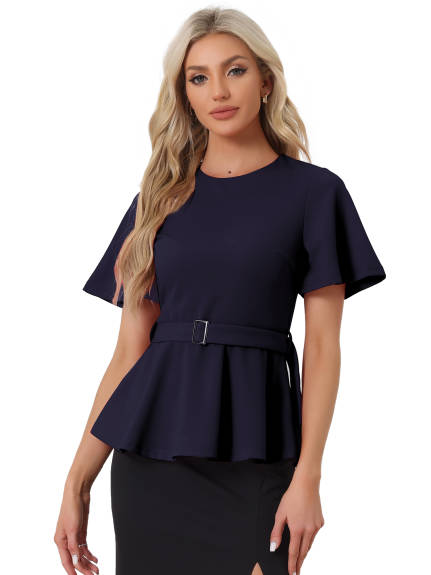 Allegra K - Bell Sleeve Belted Waist Peplum Top