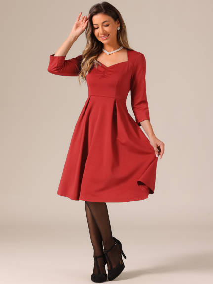 Allegra K- 3/4 Sleeve Sweetheart Neck Pleated Midi Dress