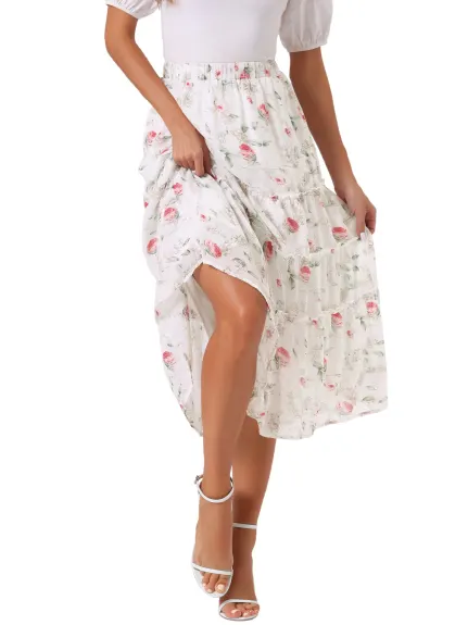 Allegra K- Floral Tiered A-Line Long Chiffon Skirts