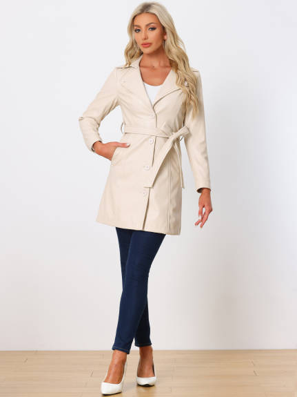 Allegra K - Notched Lapel Collar Faux Leather Long Jacket