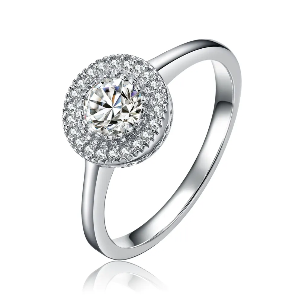 Genevive Sterling Silver Cubic Zirconia Round Halo Ring