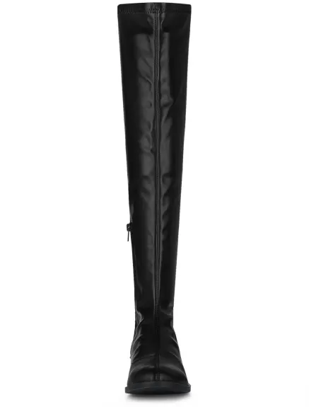 Allegra K- Low Block Heel Solid Thigh High Boots