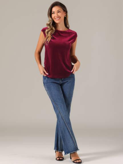 Allegra K - Velvet Crew Neck Cap Sleeve Top