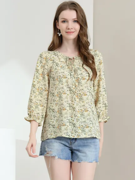 Allegra K- Tie V Neck Ruffled 3/4 Sleeve Floral Blouse